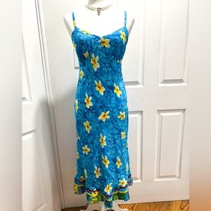 Vintage 90s Jams World Blue and Yellow Hawaiian Floral Plumeria Midi Dress
